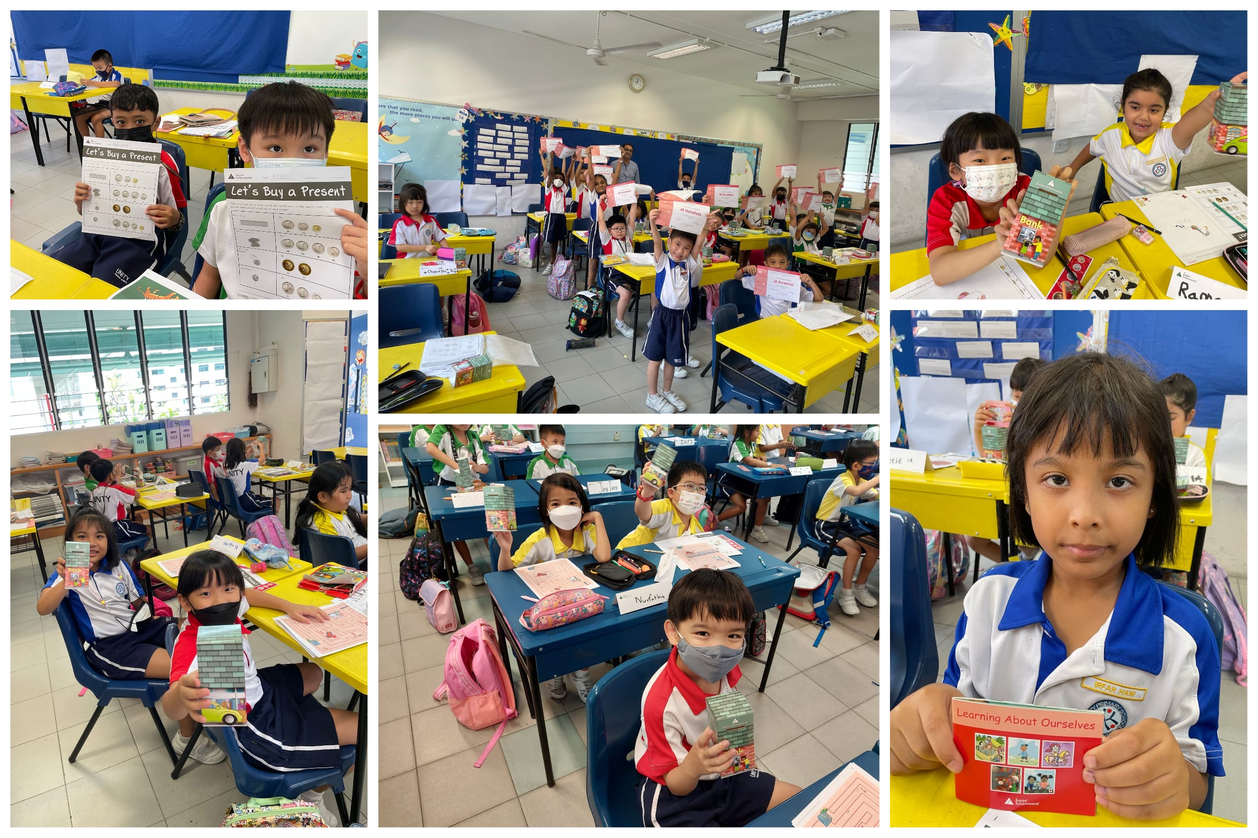Collage of students in a classroom holding worksheets, certificates, and books while seated at yellow desks.